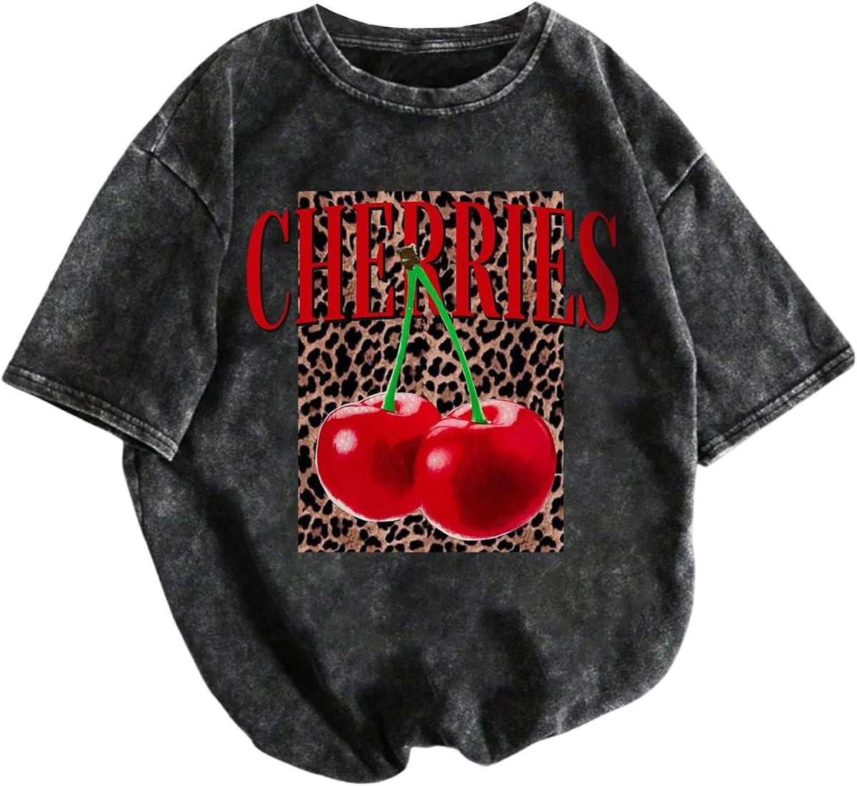 Women's Retro Washed Graphic Tees Short Sleeve Leopard Cherry Summer Tops Trendy Streetwear