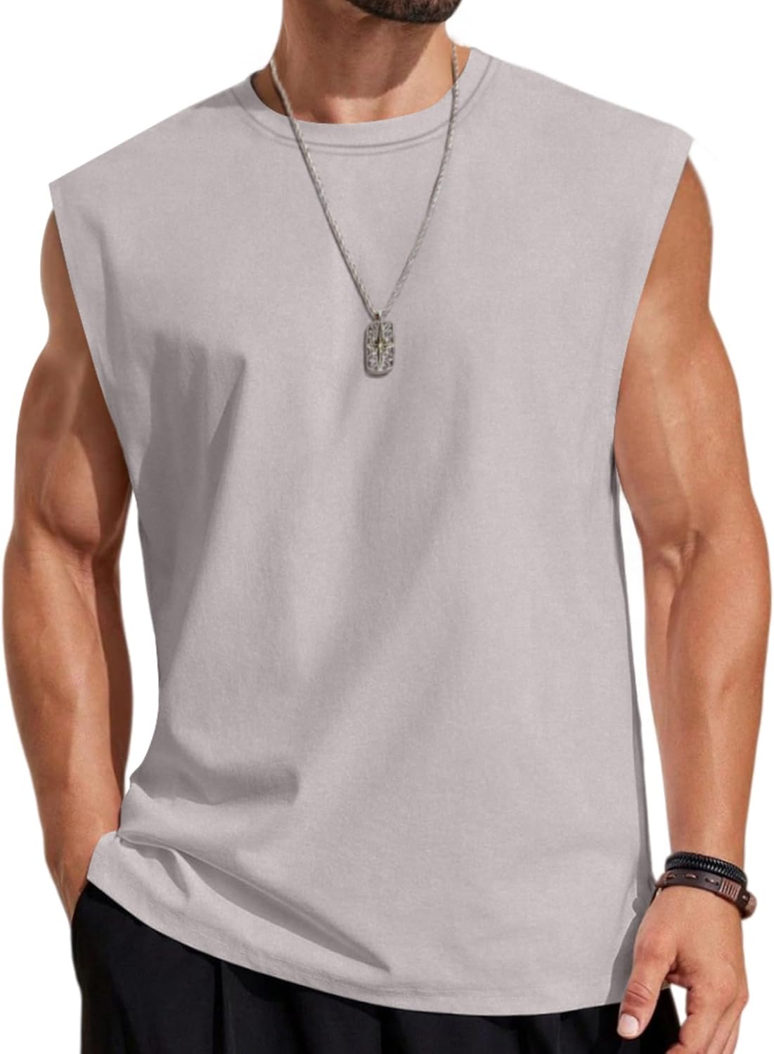 Mens Sleeveless Shirts 100% Cotton Workout Tank Tops Cut Off Shirts Gym Muscle Loose Fit Tee