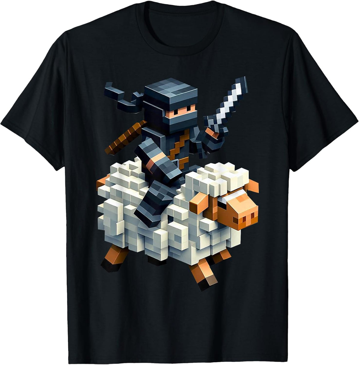 Ninja Riding Sheep Block Style Character Pixel Art Boy Gamer T-Shirt