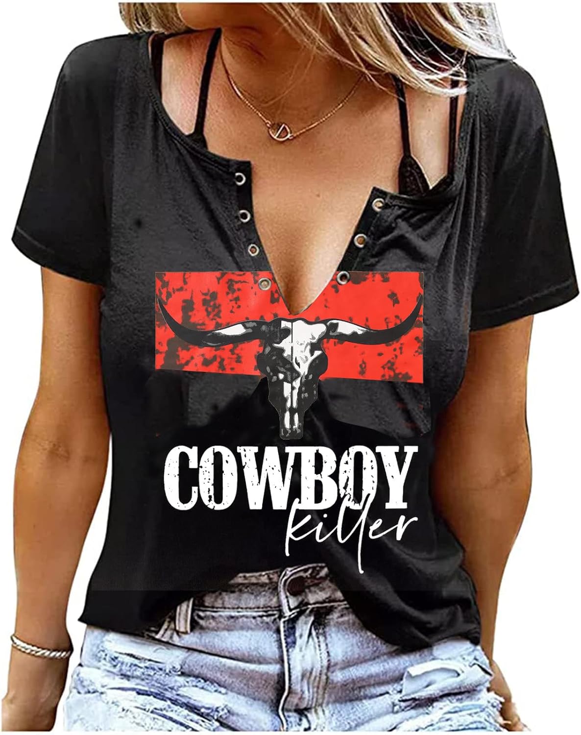 Retro Western Cowboy Shirt Women Country Music Cute Cattle Skull Graphic Concert Outfit Tops