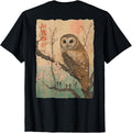 Wise Owl and Cherry Blossoms Japanese Woodblock Art Back T-Shirt