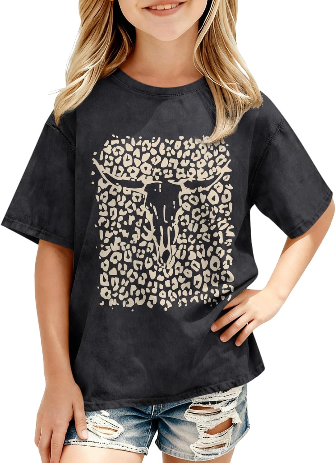 Girls Western Cowgirl Shirt Boho Cow Skull Shirts for Kids Country Graphic Tees Retro Acid Wash T Shirt Rodeo Outfit