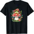 Cute Frog on Mushroom Cartoon Aesthetic Art T-Shirt - Unisex-Adults/Kids - Black - Short Sleeve - Classic Fit - Cotton 65%, Polyester 35%