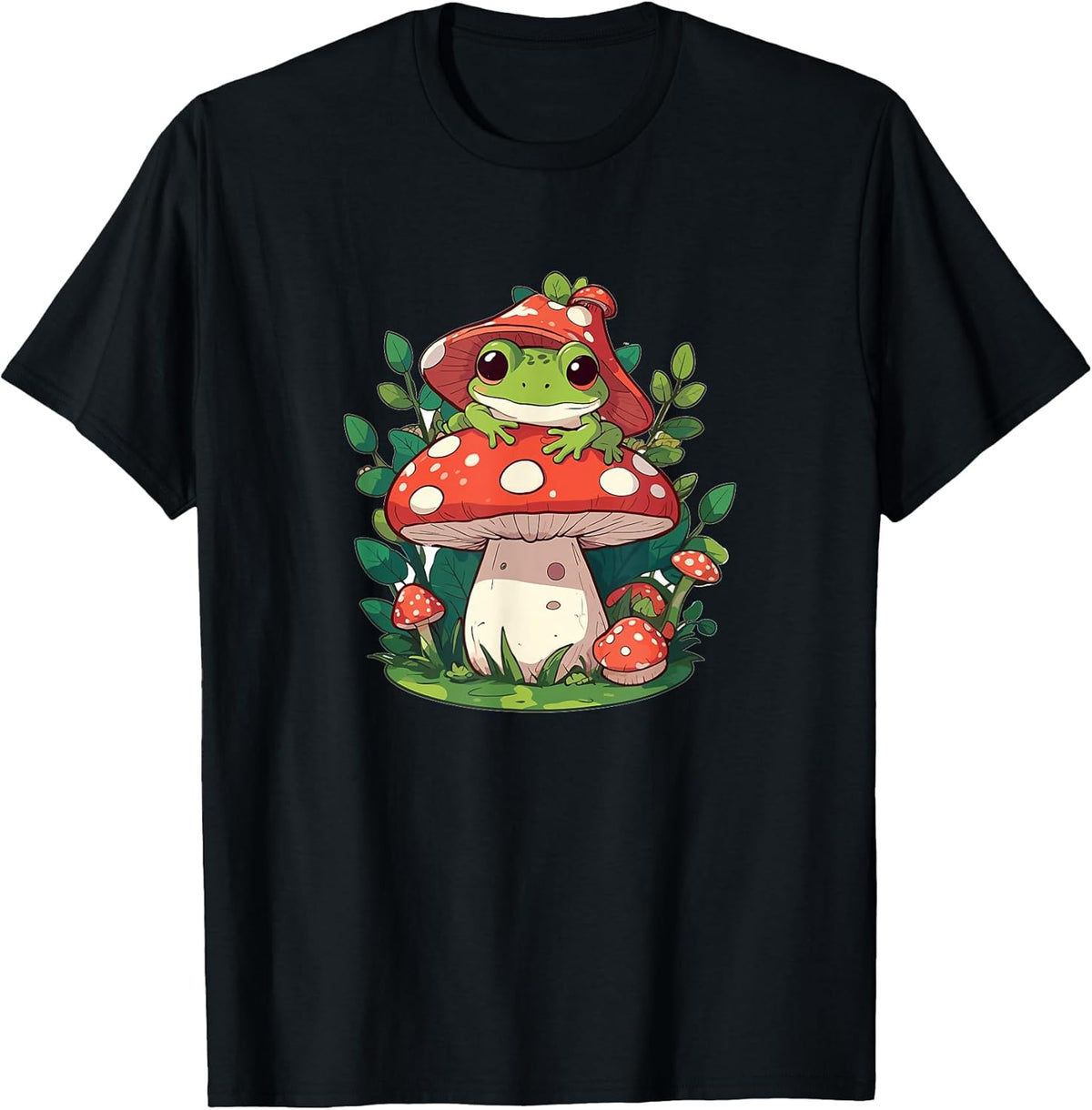 Cute Frog on Mushroom Cartoon Aesthetic Art T-Shirt - Unisex-Adults/Kids - Black - Short Sleeve - Classic Fit - Cotton 65%, Polyester 35%