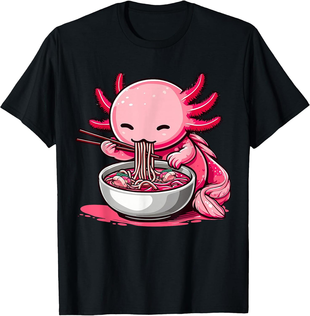 Funny Axolotl Noodle Gifts Anime Kawaii Axolotl Eating Ramen Noodles Unisex Kids Teen Adult T-Shirt Black Small