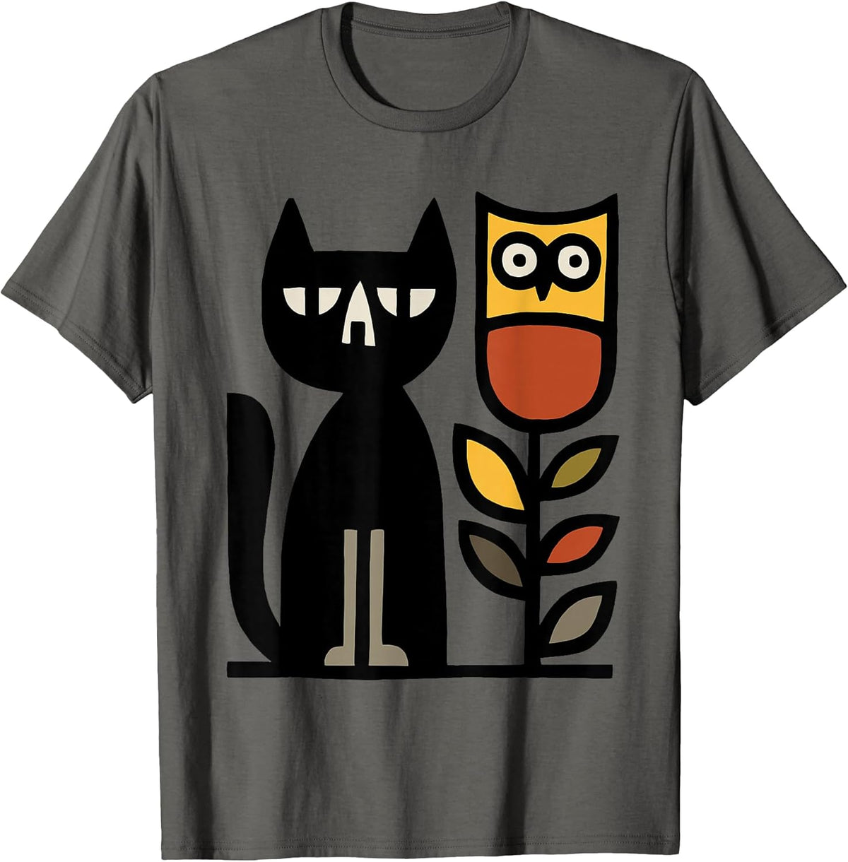 Minimalist Cat and Owl Art Graphic T-Shirt