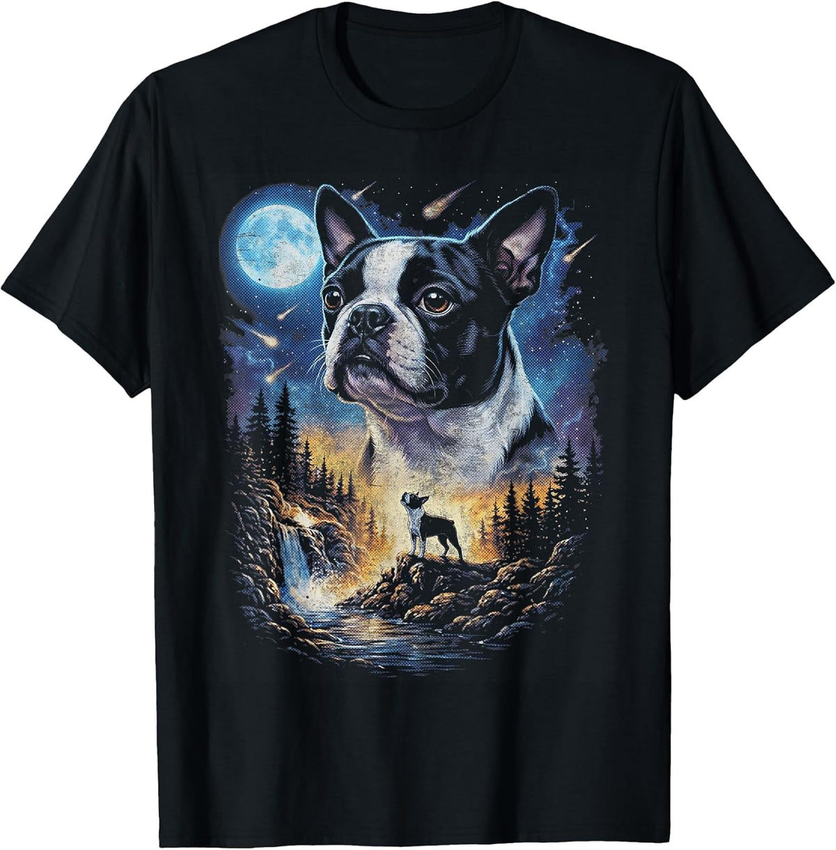 Boston Terrier Howling at The Moon Vintage Dog Art T-Shirt