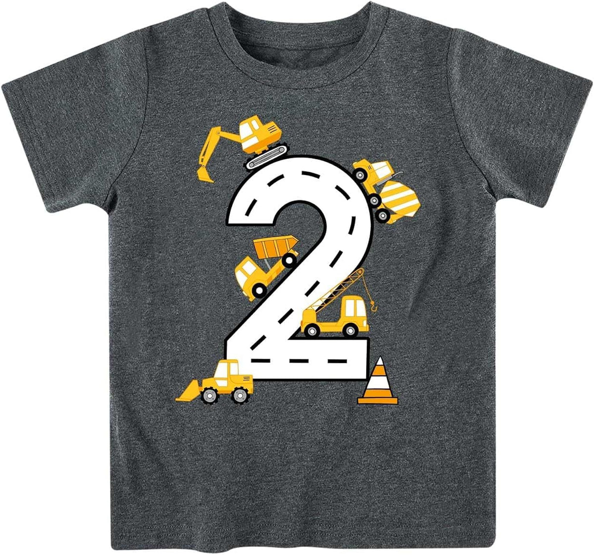 2-5 Years Birthday Boy Shirt Construction Party T-Shirts Excavator Cotton Short Sleeve Tee Dark Grey