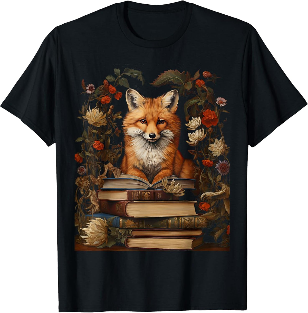Cottagecore Aesthetic Floral Fox with Book Cute Goblincore T-Shirt