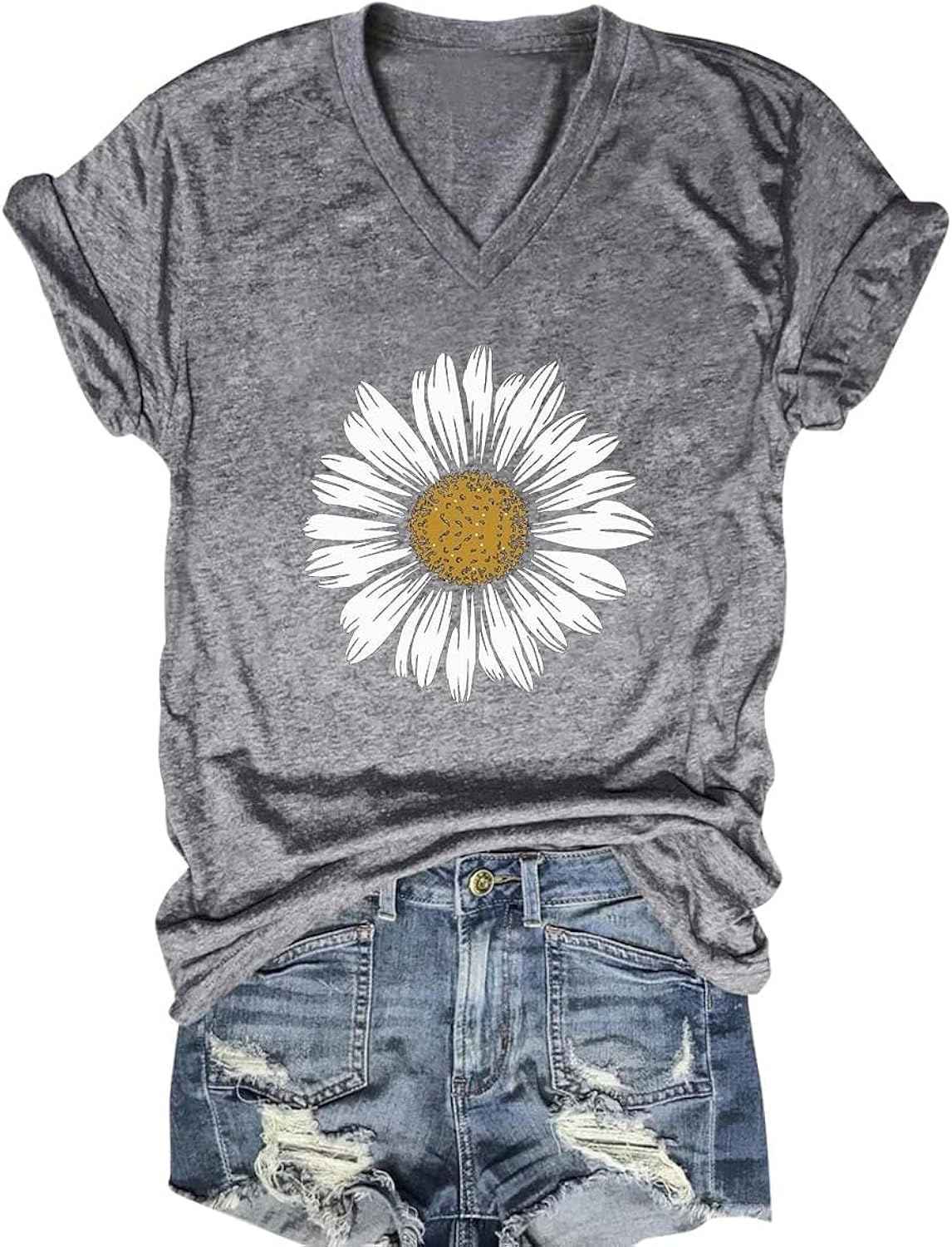 Women's T-Shirts V-Neck Boho Flowers Wildflowers Tee Cute Summer Graphic Shirts Short Sleeve T Shirt
