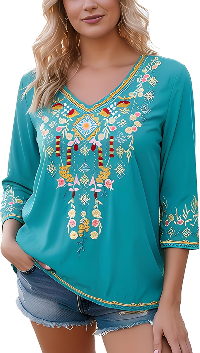 Mexican Tops for Women Embroidered Shirts Bohemian Hippie Clothes Tunic Fiesta Plus Size Boho Peasant Blouses