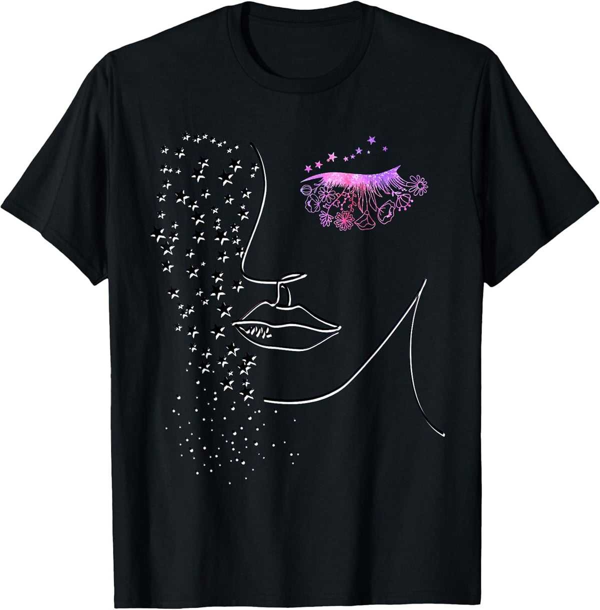 Female Minimalist Face Art - Pink Flower Eye Lashes & Stars T-Shirt