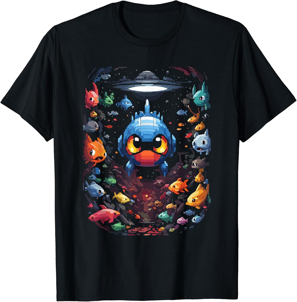 Pixel Art Submarine and Futuristic Fish T-Shirt