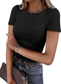Women Short Sleeve Crewneck Ribbed Knit Slim Fitted Shirts Summer Tops Basic Tee Casual 2026 Spring Outfits Clothes