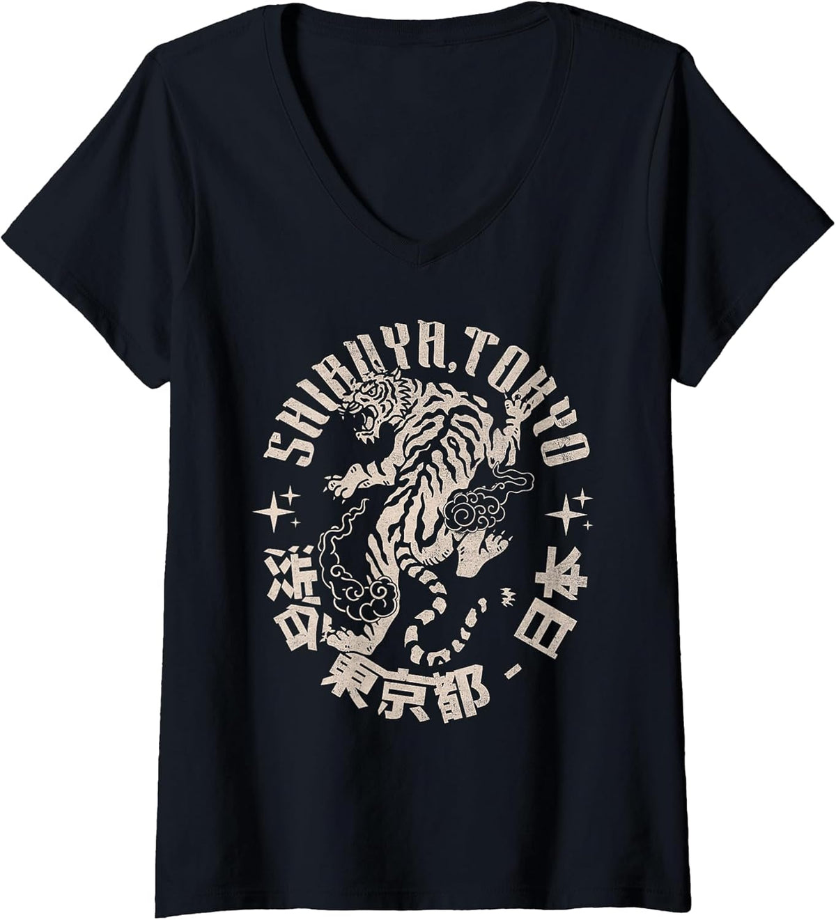 Womens Shibuya Tokyo Tiger – Vintage Japanese Streetwear Tiger V-Neck T-Shirt