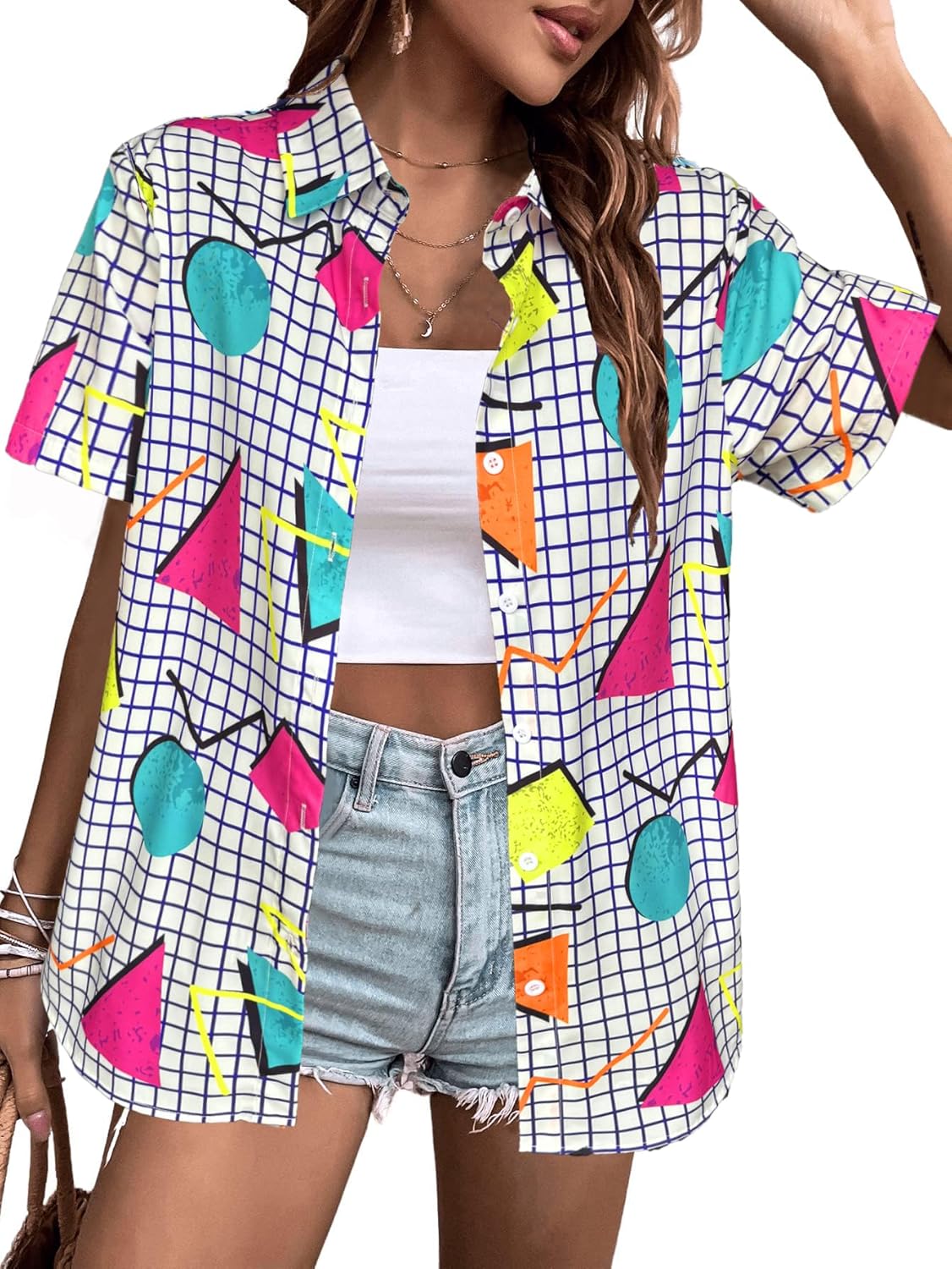 80s 90s Outfits Women Hawaiian Retro Birthday Party Button Down Shirts Disco Neon Short Sleeve Blouse Tops