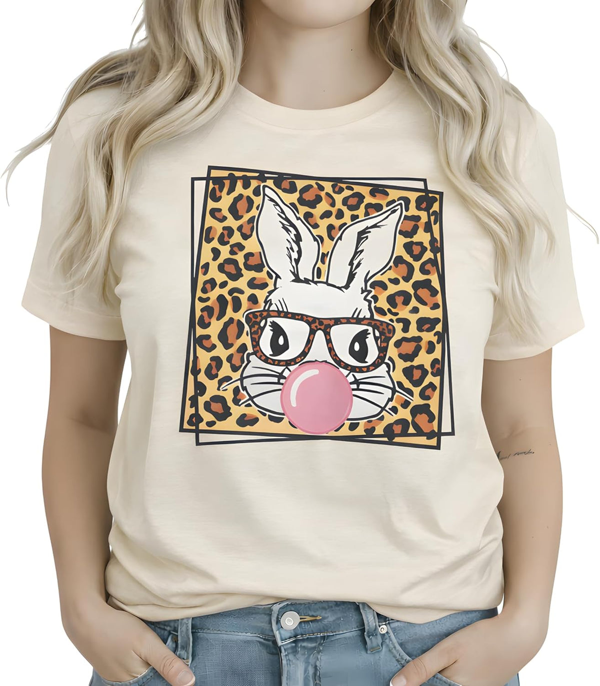 Cute Easter Bunny T-Shirt for Women - Funny Leopard Glasses Rabbit Graphic Tee, Sassy Bubblegum Spring Holiday Top
