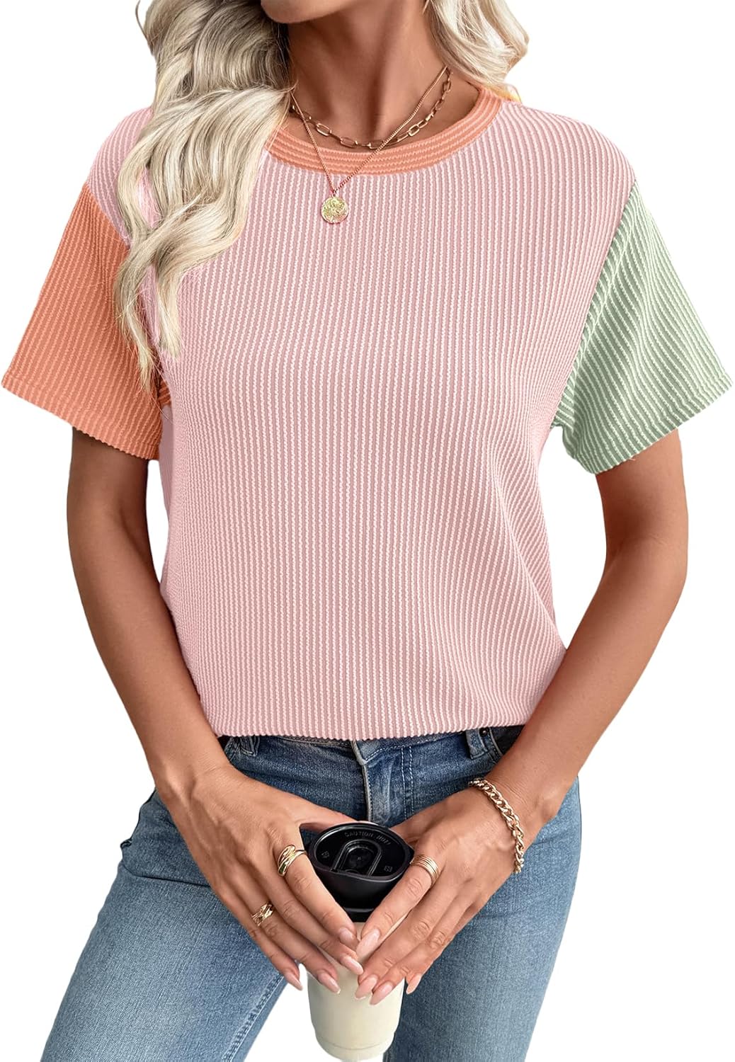 Short Sleeve Tops for Women Crewneck Ribbed Knit Tee Blouses Loose Fit Work Casual Vacation Going Out Tshirts Shirts Spring Summer Fashion Women's Clothing 2026 Pink Medium