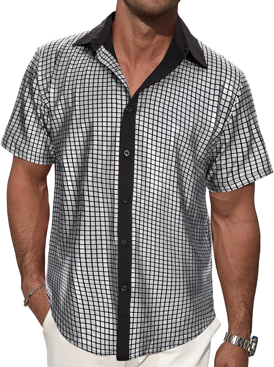 70s 80s Disco Outfits Shirt for Men-Vintage Metallic Button Up Party Shirts