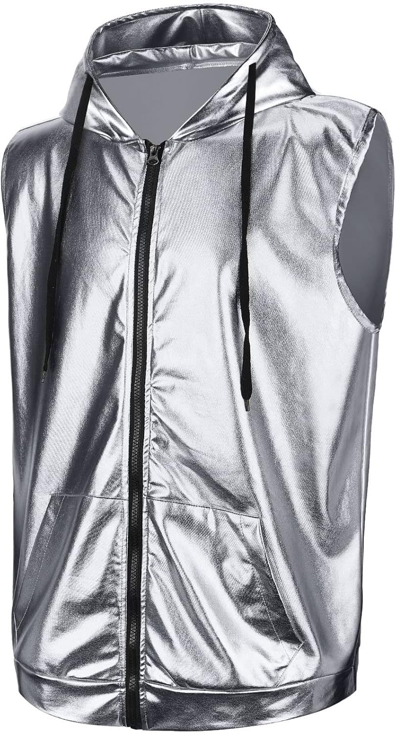 Men's Metallic Shirt 70s 80s Men Disco Outfit Metallic Hooded Tops Shirts for Disco Party