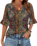 Womens Tops Casual V Neck Shirts Floral Solid Blouse Ruffle Tunics 3/4 Sleeve Tshirt S-XXL