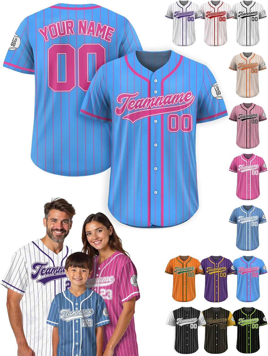Custom Baseball Jersey – Personalized Name, Number & Logo, Pinstripe Button Up Jersey for Men, Women, Youth, Toddlers