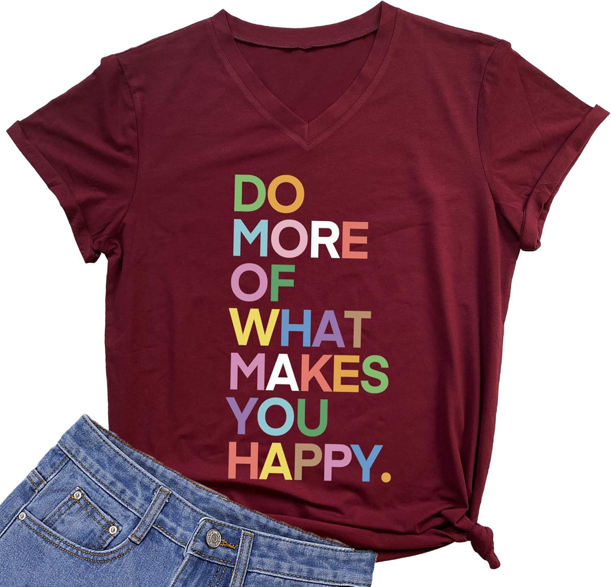 Womens Fun Happy Graphic Tees Summer Cute Letter Printed T-Shirts