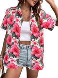 Women's Button Down Hawaiian Shirts Tropical V Neck Summer Beach Blouses Tops Floral Print Vintage Short Sleeve Tees