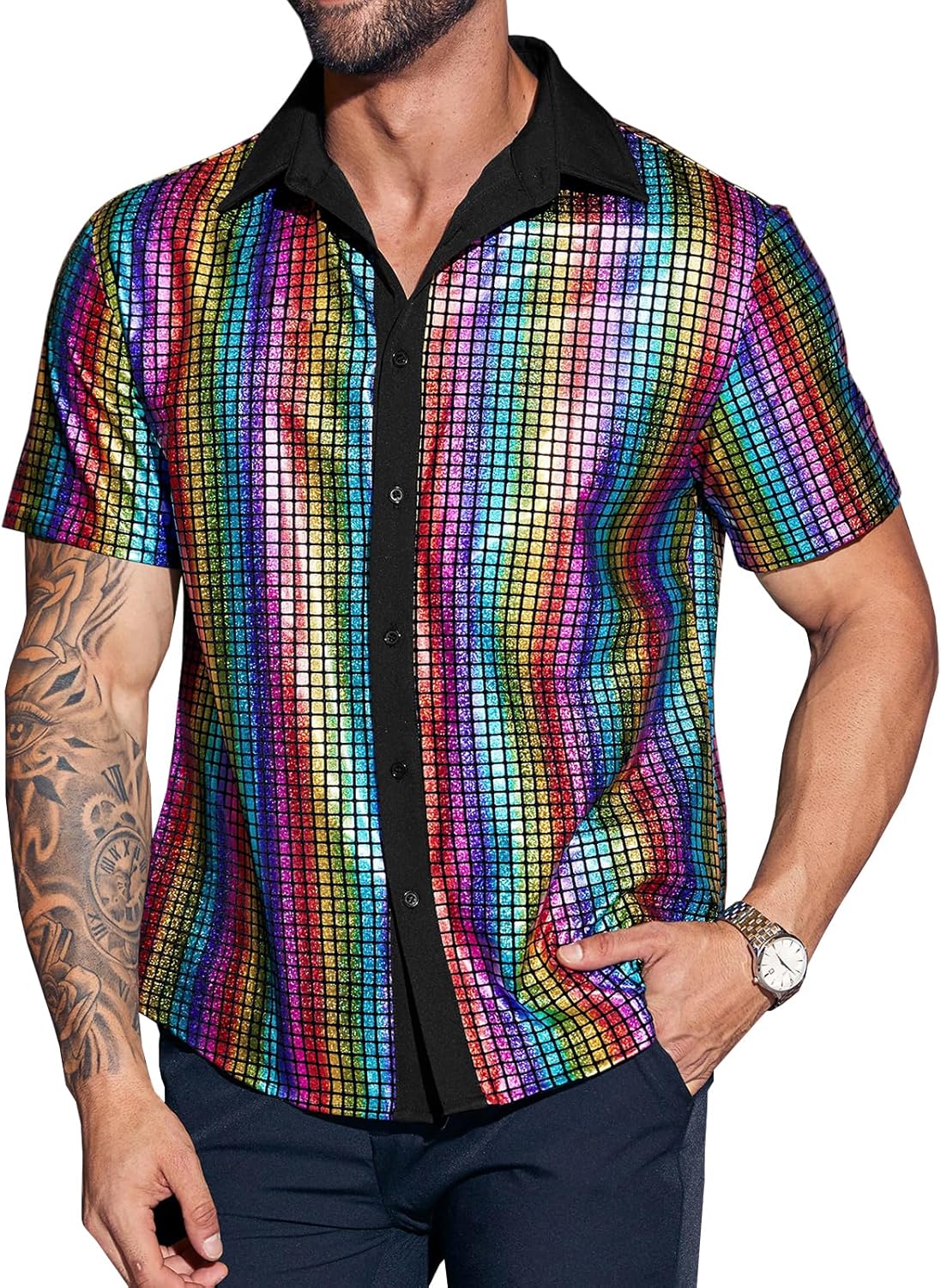 Mens Disco Shirt 70s Shirts Short Sleeve Button Down Vintage Sequin Metallic Disco Outfits Party Costume Top