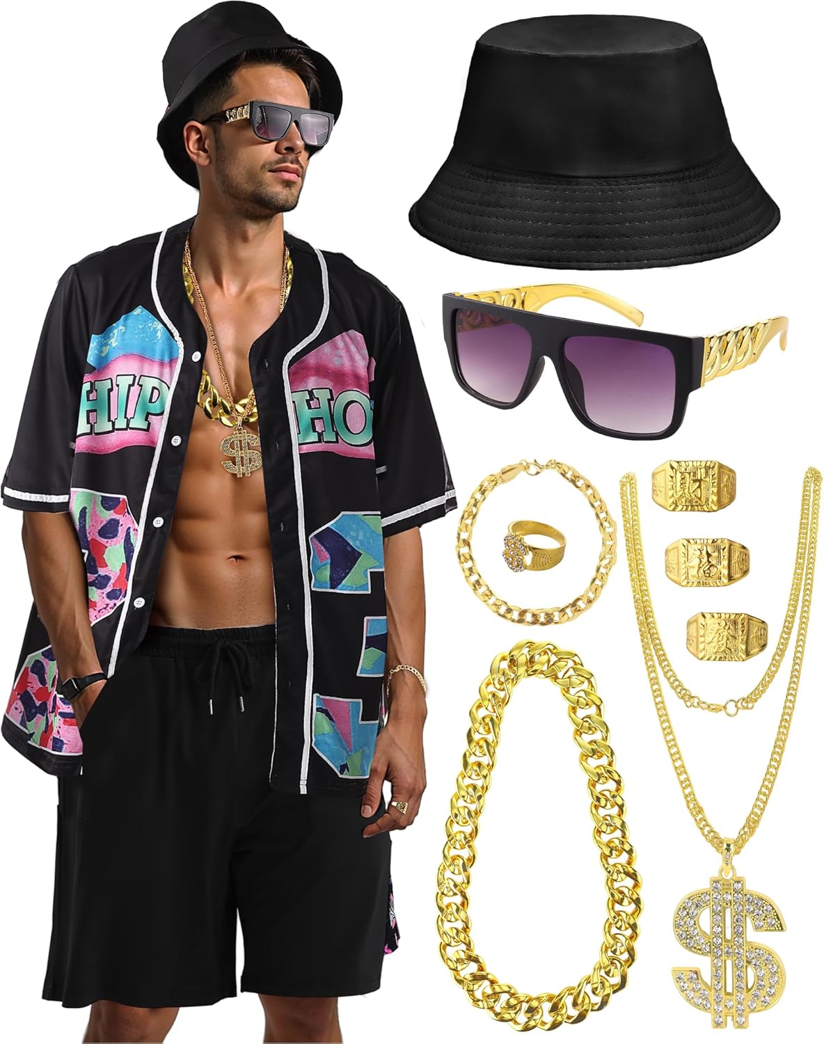 80s 90s Outfit for Men, Hip Hop Costume Button Up Blouse Tops Disco Retro Theme Party Outfit Hawaiian Vintage