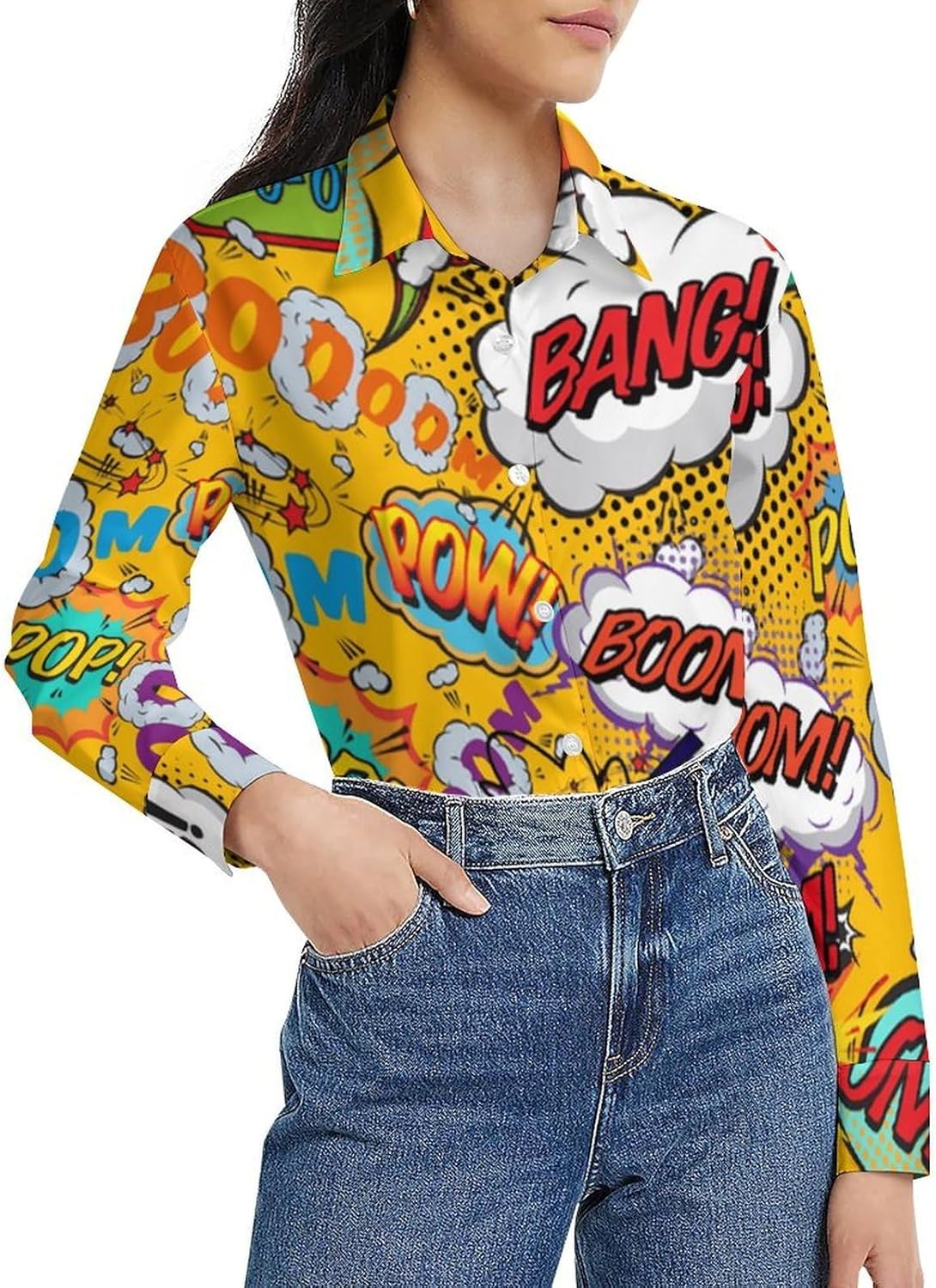 Lady Button Down Long Sleeves Lining Comic Book Pop Art Explosions Base Shirt Vibrant Blouses Top XL