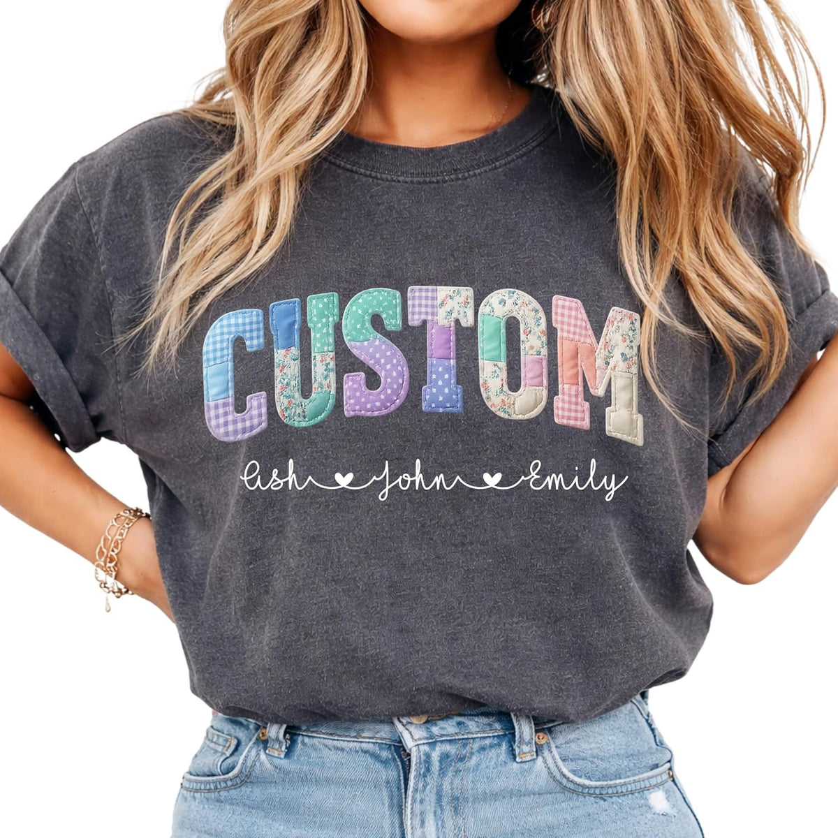 Personalized Mama Grandma Aunt Faux Patchwork Shirt with Kids Names, Custom Floral Family Shirt