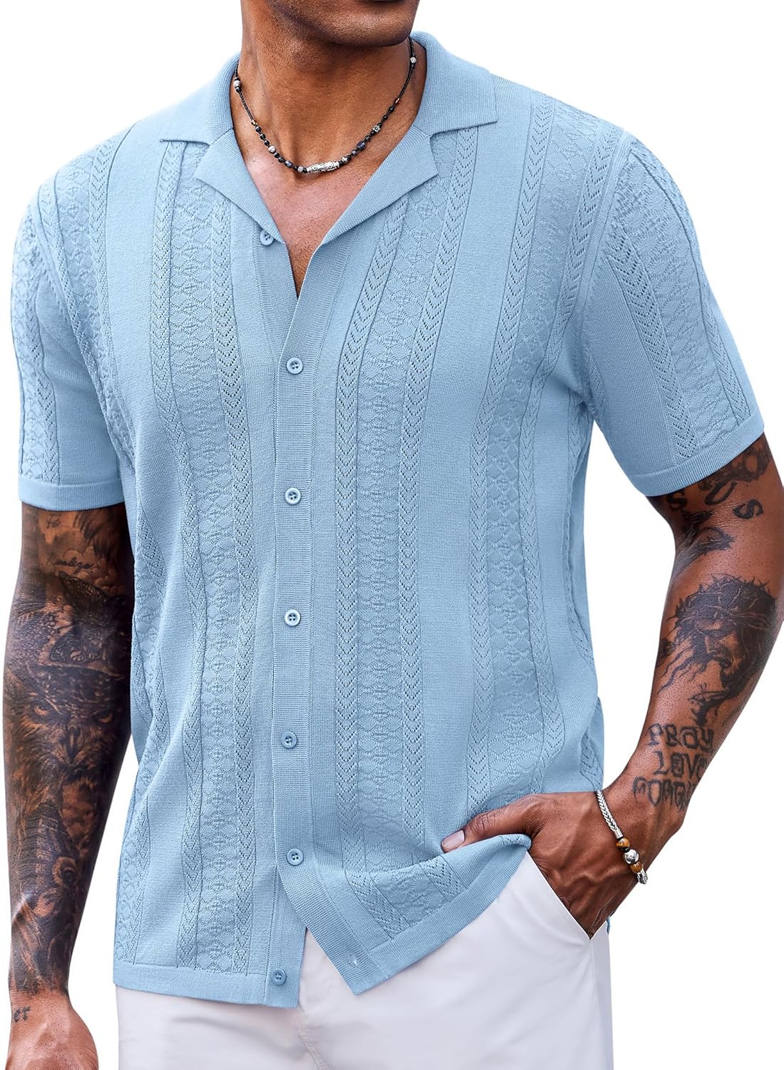 Men's Knit Shirts Vintage Short Sleeve Button Down Shirt Casual Summer Beach Shirt