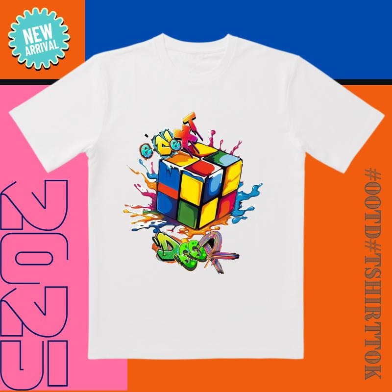 'Neon Rubik' 3D Printed Color Splash & Embossed Details All Day Streetwear Date Night Active Life T-Shirts