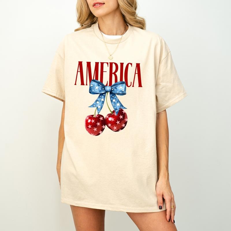 America Cherries Cherry Bow Shirt July 4th PNG 4th July Woman Shirt Usa Flag Shirt T-Shirts
