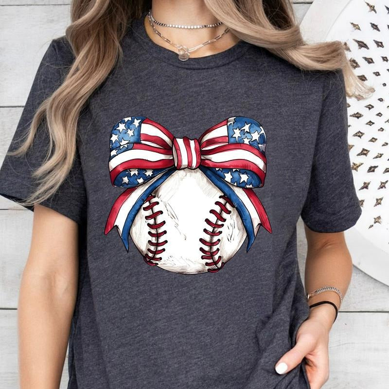American Flag Baseball Coquette Shirt Patriotic Baseball Shirt Game Day Shirt Shirt Coquette Baseball Shirt Baseball American Baseball Coquette Bow Flag Ribbon Shirt USA Flag Shirt July 4th T-Shirts