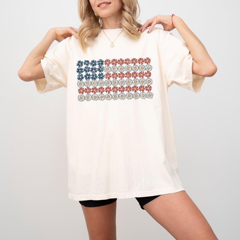American Flag Shirt Flowers Red White Blue Floral Patriotic Independence Day 1776 USA T-Shirts