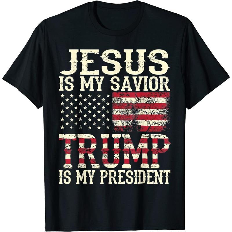 American Flag Jesus Is My Savior Trump Is My President Casual Graphics Tops Summer Black Medium Made USA T-Shirts