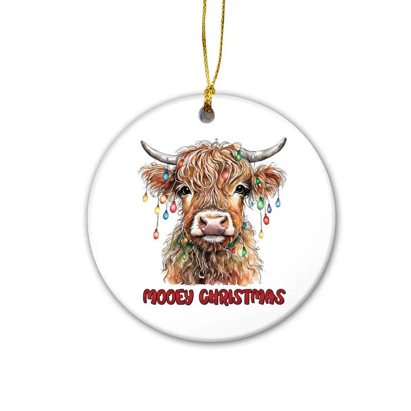 Animal Highland Cow Tree Ornament Rustic Animal Ornament Homestead Decor Ornament Print Metallic T-Shirts