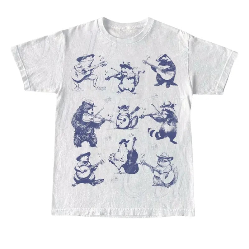Animal Musicians 90s Tattoo Vintagse Retro Animal Music Lovers Cute Nature Shirt Bear Playing Guitar Raccoon Raccoon Frog Vintage 90s Top Menswear Underwear Streetwear Round Neck Tropical Casual T-Shirts