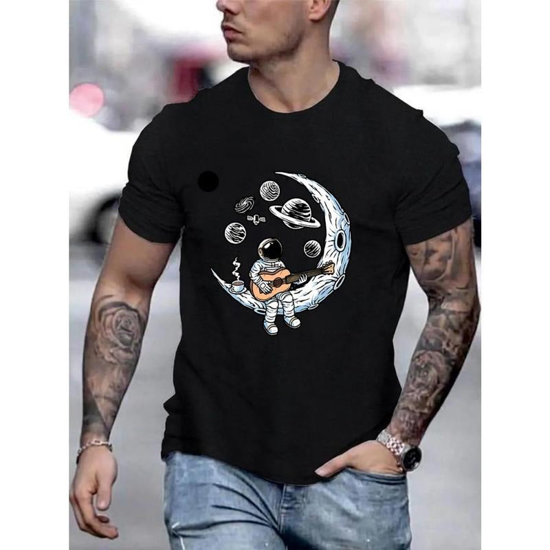 Anime Astronaut Moon Print Novel Casual Comfy Summer Tops Daily Activities Made USA T-Shirts