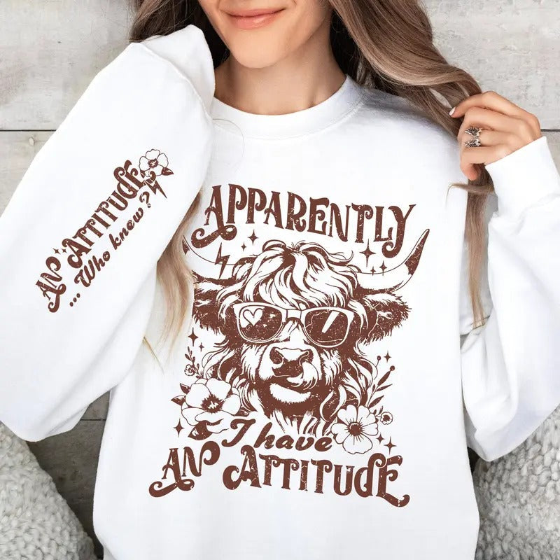 Apparently I Have Attitude Shirt Highland Cow Funny Snarky Western Cow Sarcastic Funny Western Farm Life Cowstyle{N002}2 T-Shirts