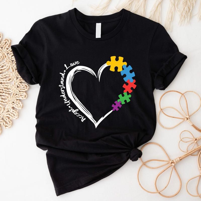 Autism Awareness Shirt Accept Understand Love Autism Heart Cute Puzzle Shirt Teacher Sped Teacher Mom. Casual Fabric T-Shirts