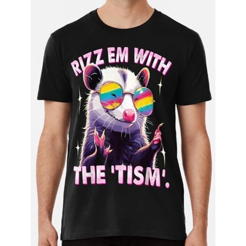 Autism Funny Rizz Em Tism Meme Autistic Raccoon Casual Short Sleeve Tops & Black Halloween Made USA T-Shirts
