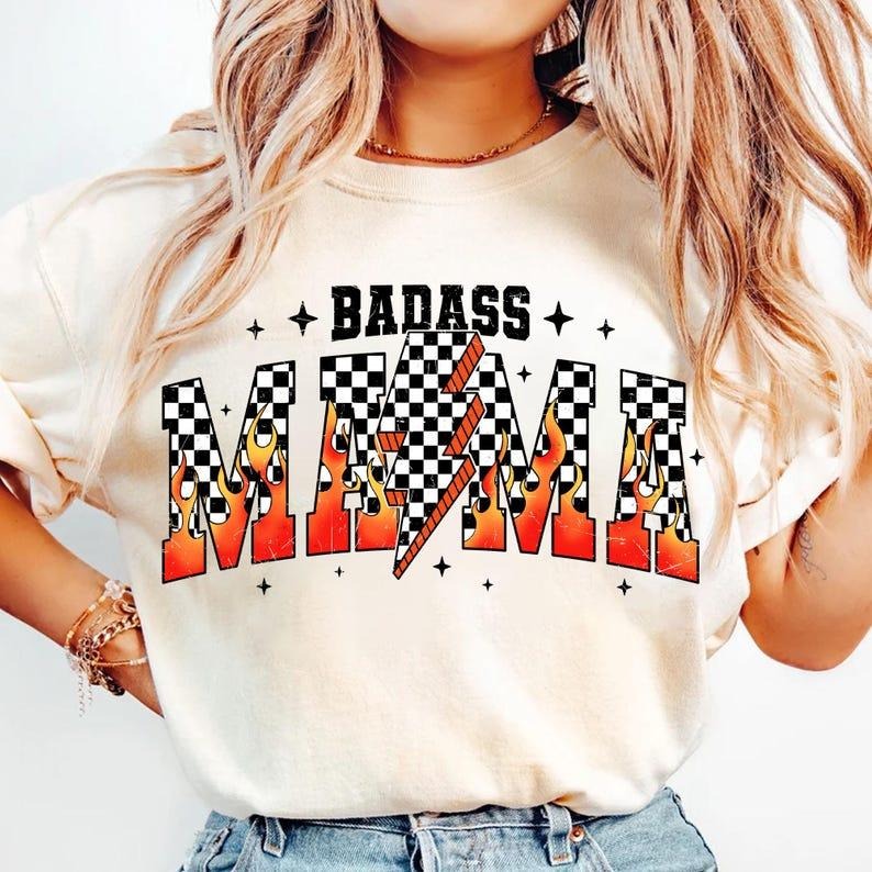 Badass Mama Retro Checkered Mama Motherhood Mom Life Mama Mothers Varsity Grunge T-Shirts