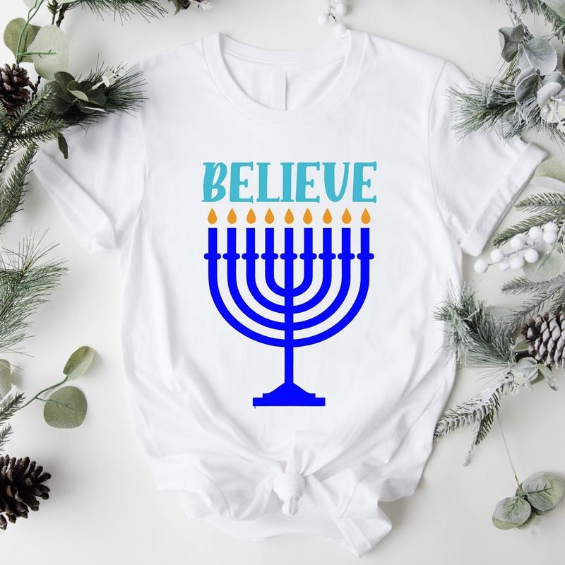 Believe Shirt Hanukkah Religious Jewish Friend Candle Lights Short Sleeve Jewish Festival Shirt T-Shirts