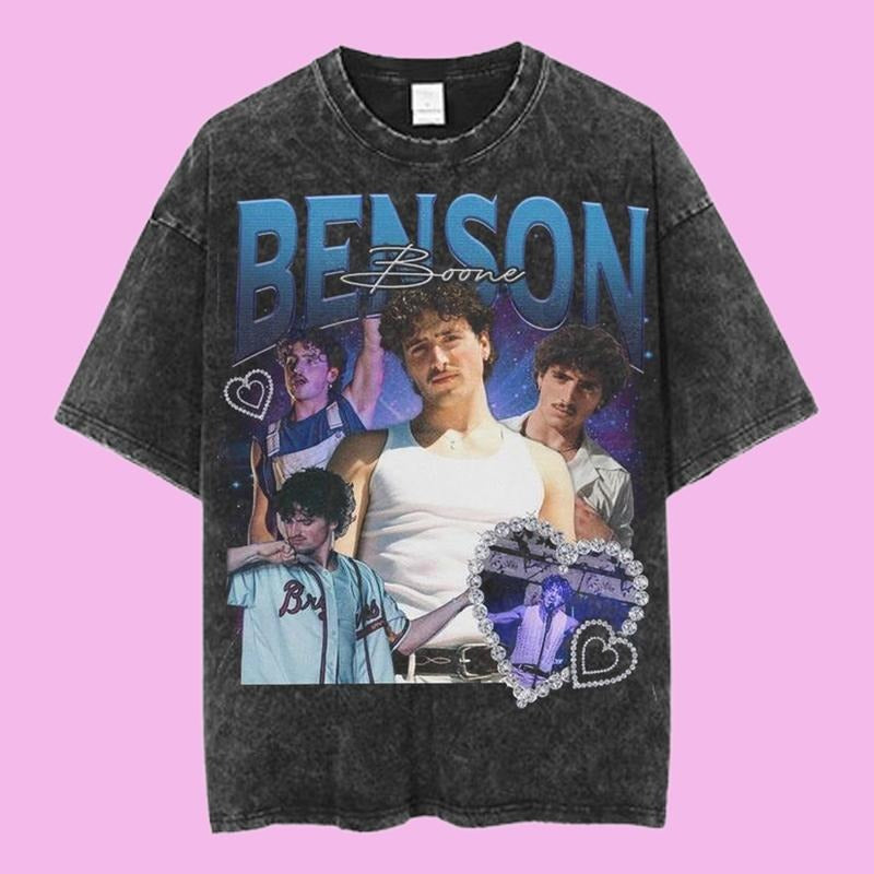Benson Boone Heart Collage Retro Blue Fan Art Shirt Emotional Pop Star Menswear Womenswear Top Benson Boone Tour T-Shirts