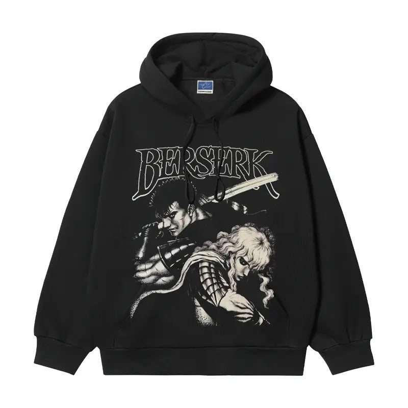 Berserk "Fated Duel" Heavyweight Vintage Cotton Blend Classic Anime Menswear Tops Long Sleeve Casual Biker Black Wetsuit Baggy T-Shirts