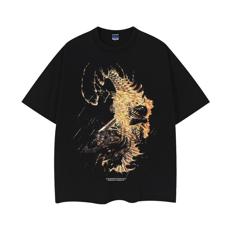 Berserk "Guts Vs. Mozgus" Heavyweight Vintage 100% Cotton Anime Menswear Top Crew Necks Casual Streetwear Black Baggy Tropical T-Shirts