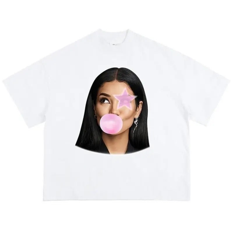 Big Face Jhenee Pink Star Bubble Gum Cotton Fabric Top Womenswear T-Shirts